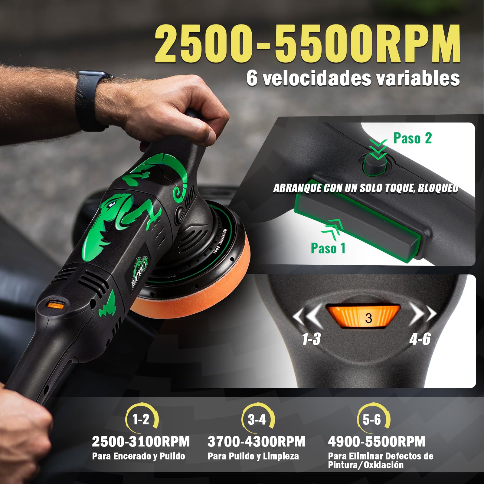 BATOCA T1 Pulidora Orbital 15mm,1100W Máquinas pulidoras,Excéntrico Pulidor de Coches,Pulir,Lijadora,Enceradora,125mm/150mm Kit de Pulido,2500-5500RPM,Cuidado Pintura,Encerar Automóviles Mueble