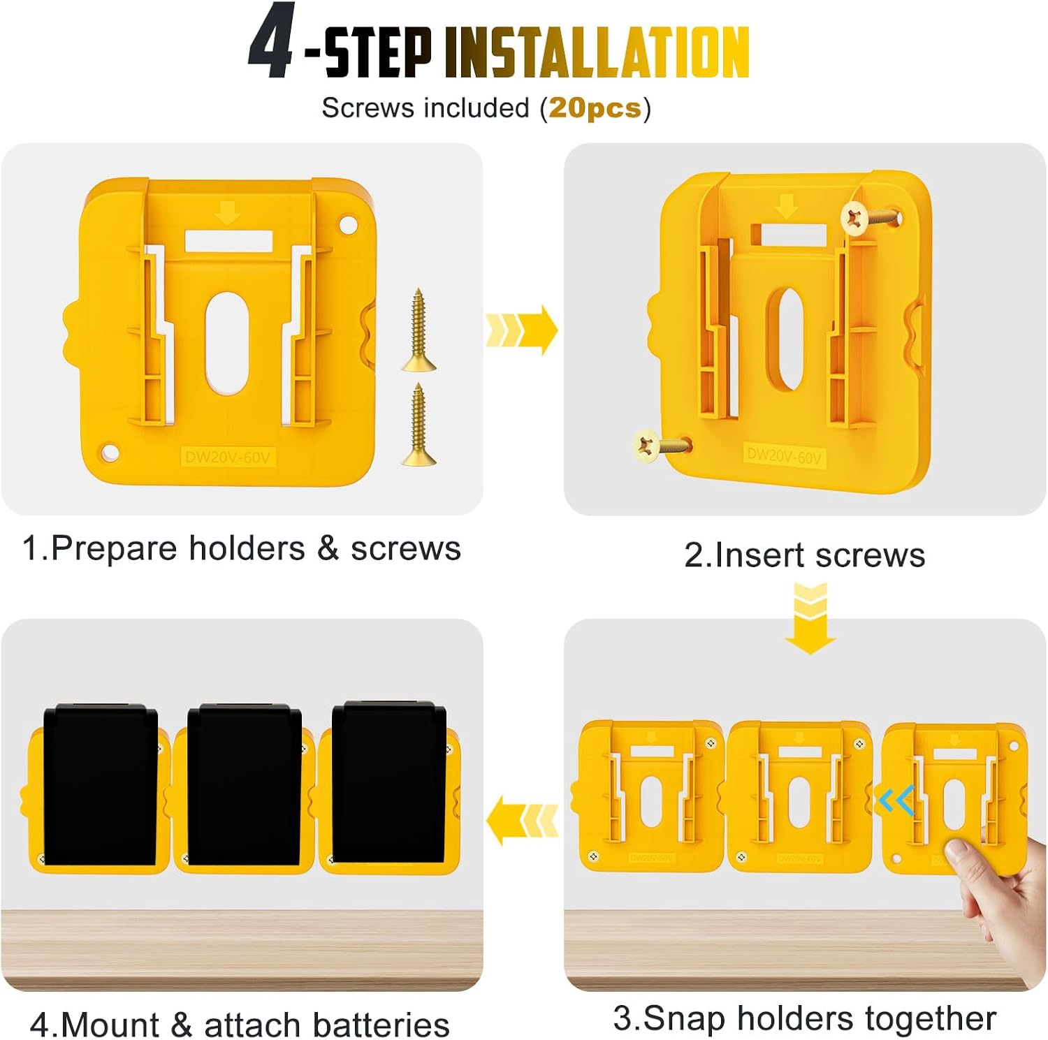 Battery Mount Holder Compatible for Dewalt 20V Max Batteries, Wall Mounts Hanger Fit for DCB200 DCB201 DCB202 DCB203 DCB204, Organize Garage/Workshop/Work Truck(10 Pack, w/20Screws, No Battery)