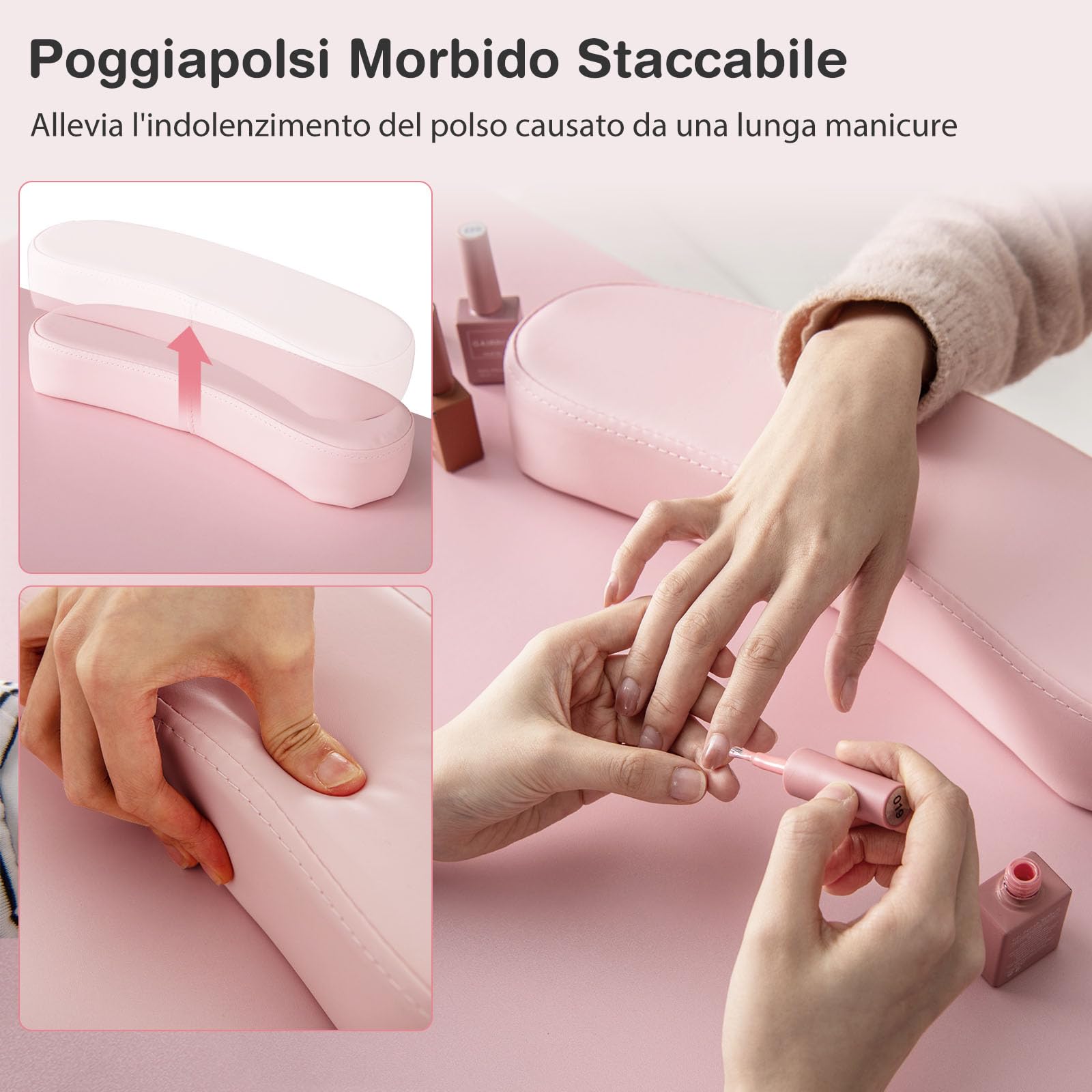 GYMAX Tavolo da Manicure, Stazione Tavolo per Tecnico Unghie, Cuscino per Polso, 8 Gambe in Metallo, 3 Cassetti e 2 Armadi, Stazione di Lavoro in Legno per Arte Unghie per Salone di Bellezza (Rosa)