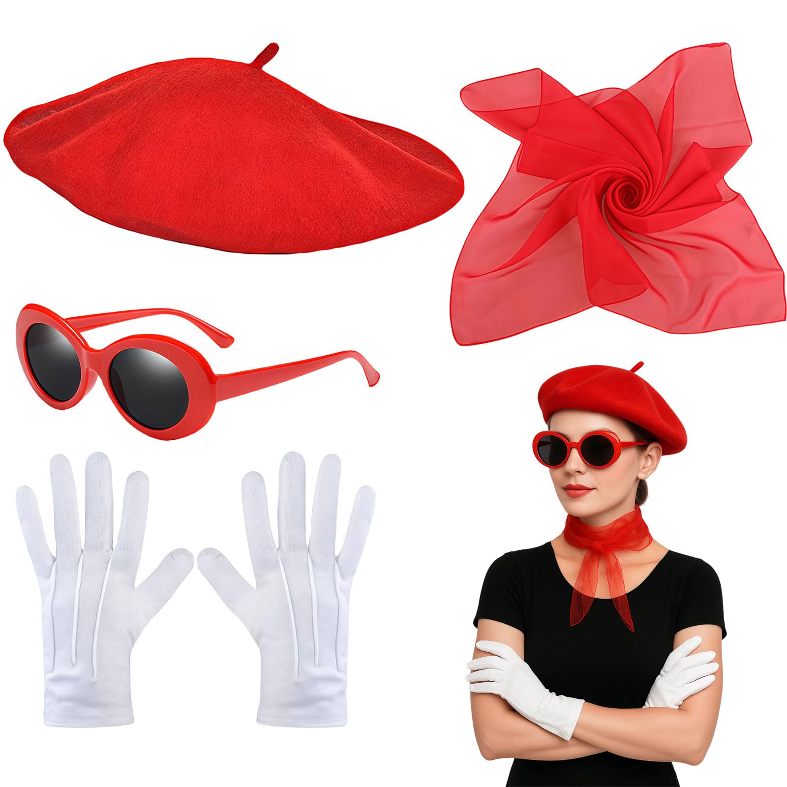 GWAWG 4PCS French Women set,Red Beret Scarf Sunglasses Gloves,Fancy Dress Costume Accessories Set,French Artist Mime Kit for Girls Cosplay Party Supplies