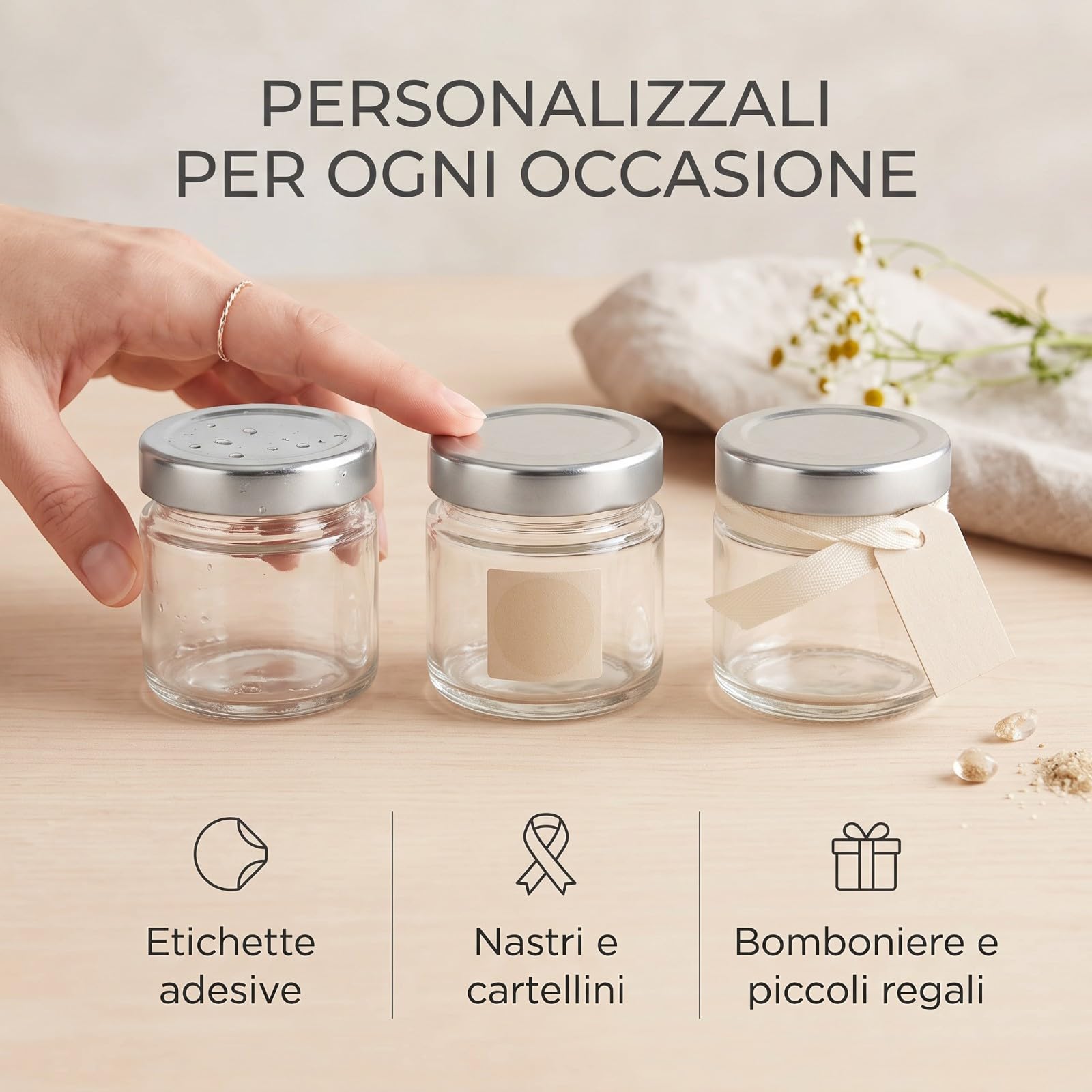 Chianese Vasetti in Vetro Monodose con Tappo Argento Ø43 mm – Confezione 120 Pezzi – Barattolini per Miele, Marmellate, Confetture, Spezie e Bomboniere