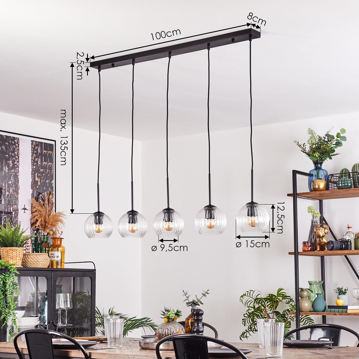 Pendelleuchte Koyoto, Hängeleuchte aus Metall/Riffelglas in Schwarz/Klar, Leuchte im modernen Retro/Vintage-Design mit Schirmen aus Glas (Ø 15 cm), Höhe max. 135 cm, 5 x E27, ohne Leuchtmittel