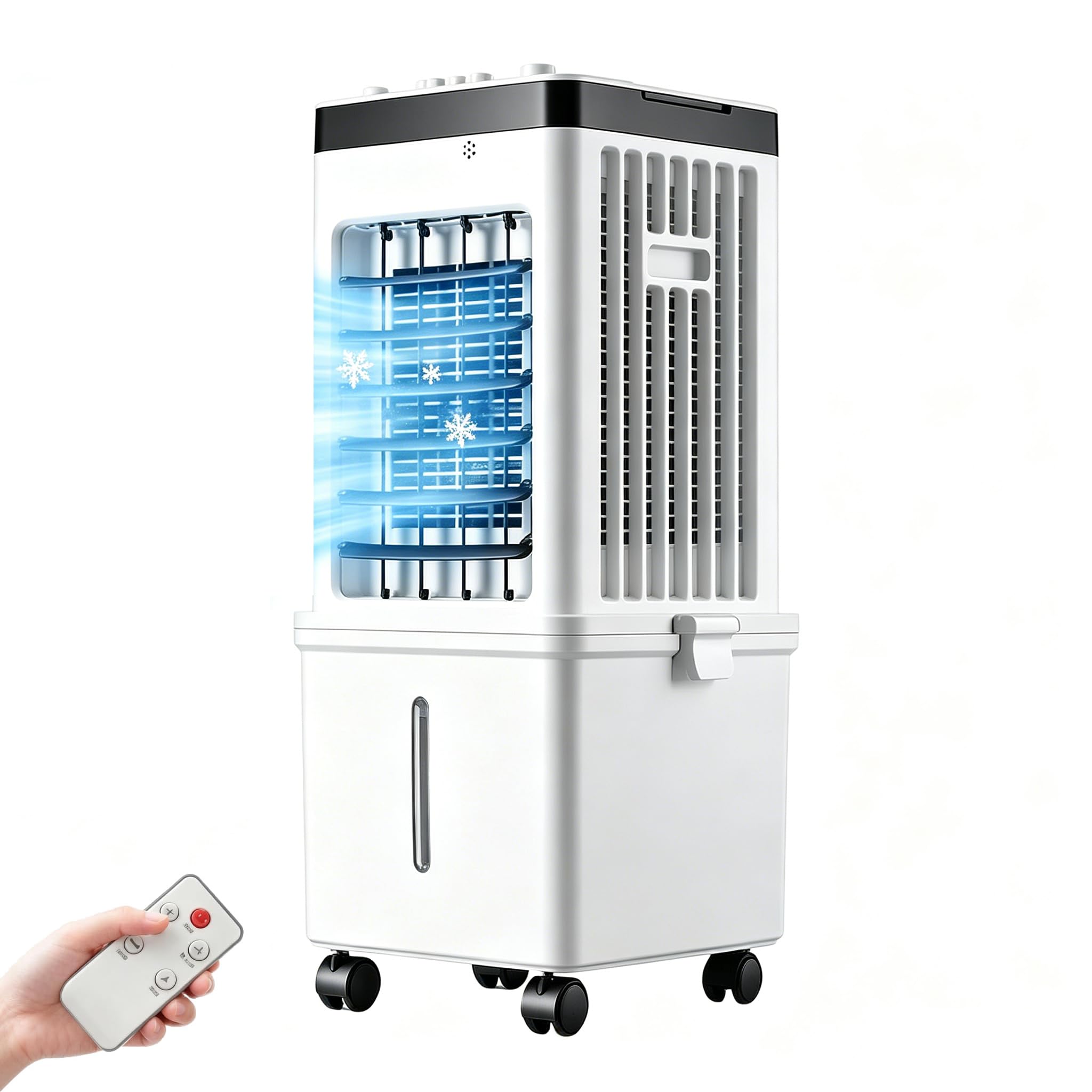 Portable Air Conditioner Fan, Mobile Air Cooling Fan with 15L Water Tank, 3 Speeds, Remote Control 7.5H Timer, 4 Ice Boxes, Air Cooler for Home, Office, Bedroom