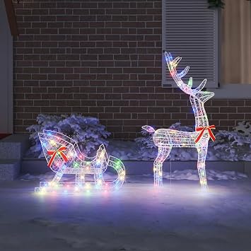 Colourful Reindeer Pull Sleigh, 70x26x129 cm Acrylic Christmas Decoration with 200 LED Lights, Indoor Outdoor Winter Home Decor