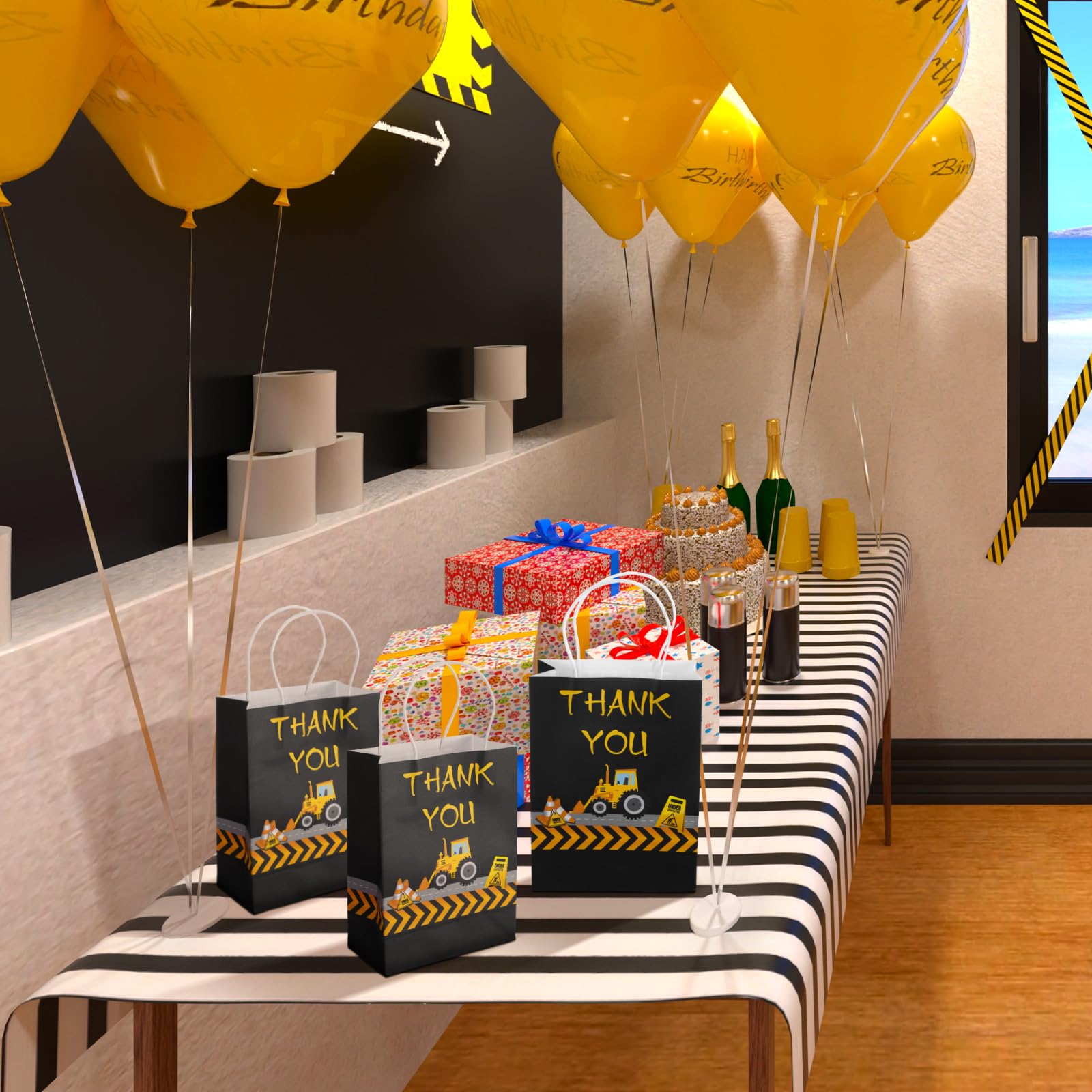 Outus 12 Pieces Construction Party Favors Bags Truck Themed Candy Goodie Bags for Birthday Themed Party Supplies Decorations, 8.3 x 6.3 x 3.1 Inches (Black)