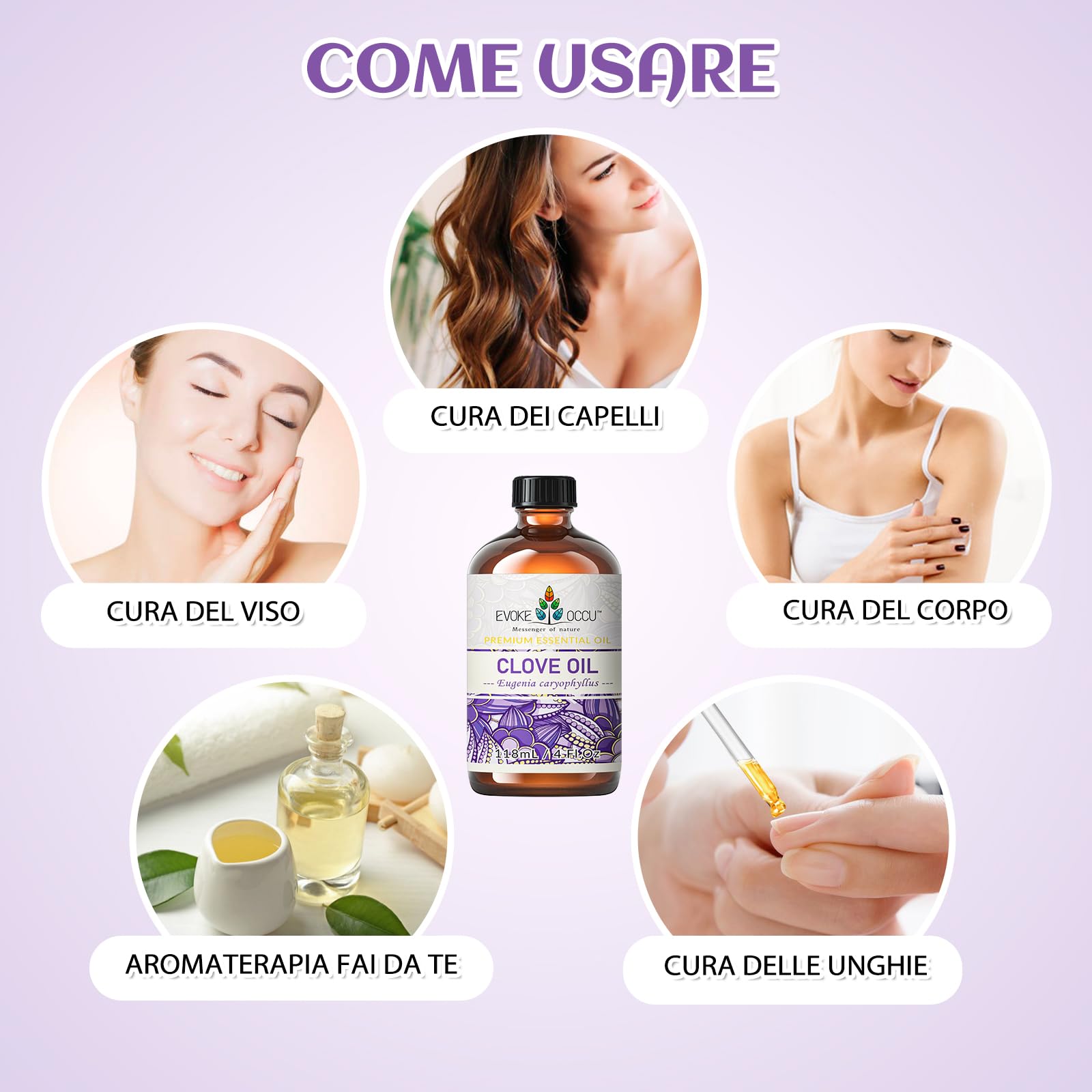 EVOKE OCCU Olio Essenziale Chiodi di Garofano 118ml, per Denti, Gengive, Mal di Denti, Cura dei Capelli, Aromaterapia, Diffusore, Pelle