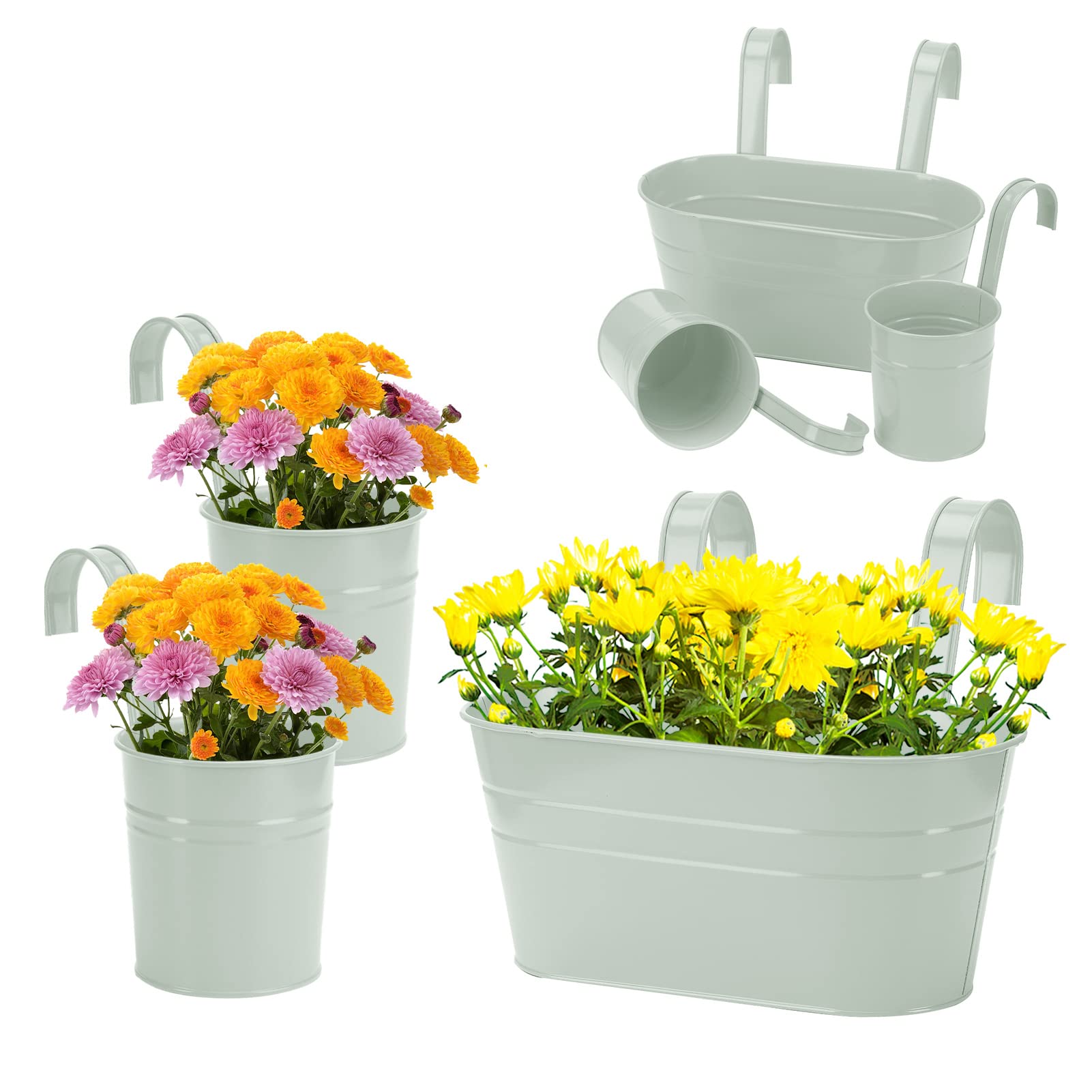 LIBOOI 3 Pack Hanging Plant Pots, Metal Hanging Flower Pots with Drainage Hole, Over Fence Balcony Planters with Double Detachable Hooks for Garden Railing Decor