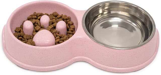 Fur & Bone Double Slow Feeder Dog Bowl for Cat Dog and Puppy - Interactive Feeder Slow Down Feed Pets Twin Feeding Bowl with Stainless Steel Detachable Dish and Non-Slip Bottom (Pink)