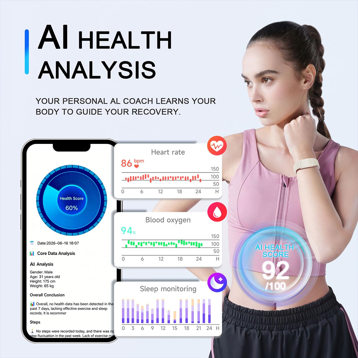 Fitness Tracker Mit 100+ Sportmodi, 45-60 Tage Standby, Aktivität/Schlafüberwachung, Wasserdicht 1ATM Fitness Aktivitätstracker Smart Armband
