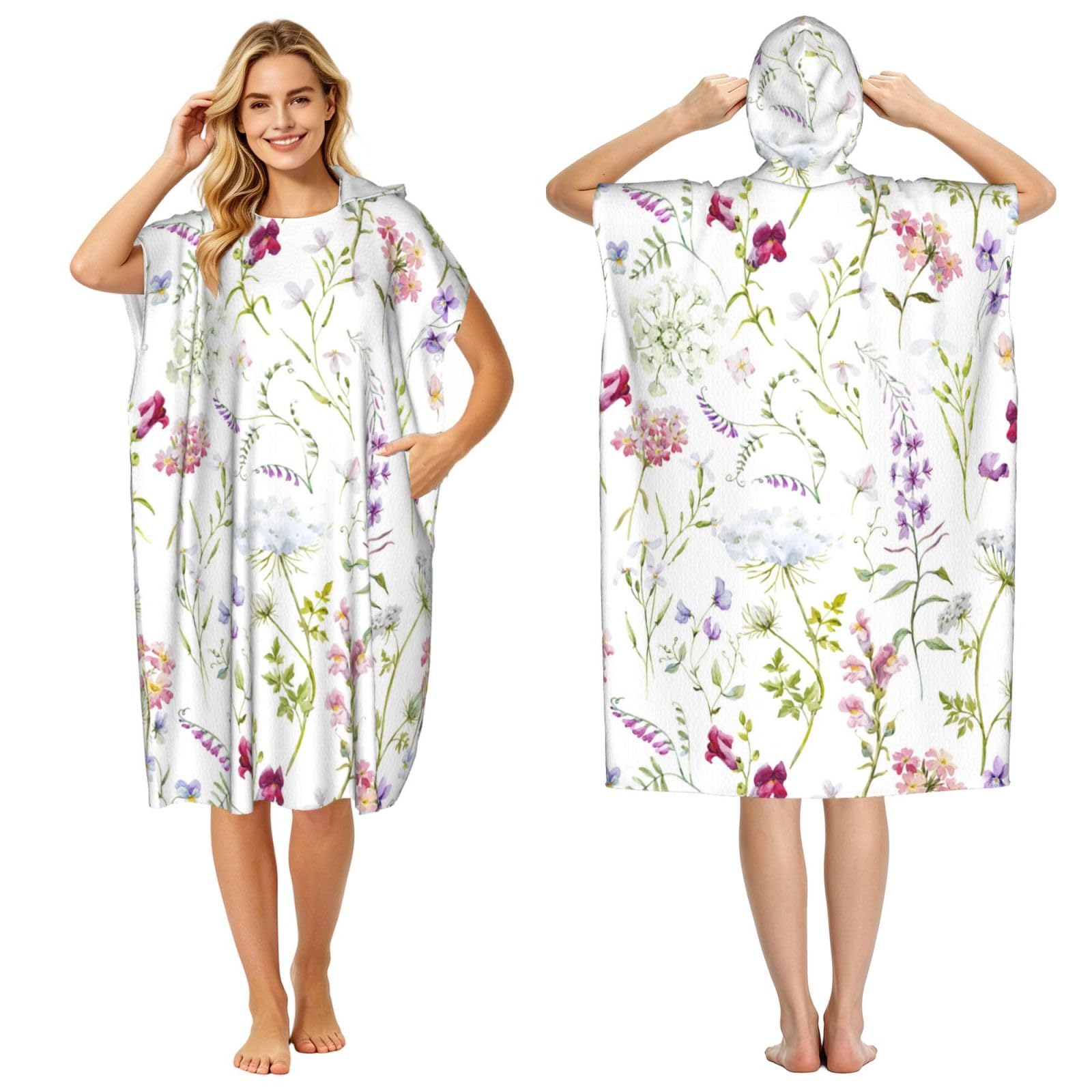 Poadnly Watercolor Floral Wildflowers, Adult Hooded Beach Towel 90 x 110 cm,Changing Bath Robe, Surf Poncho Towel For Women Men