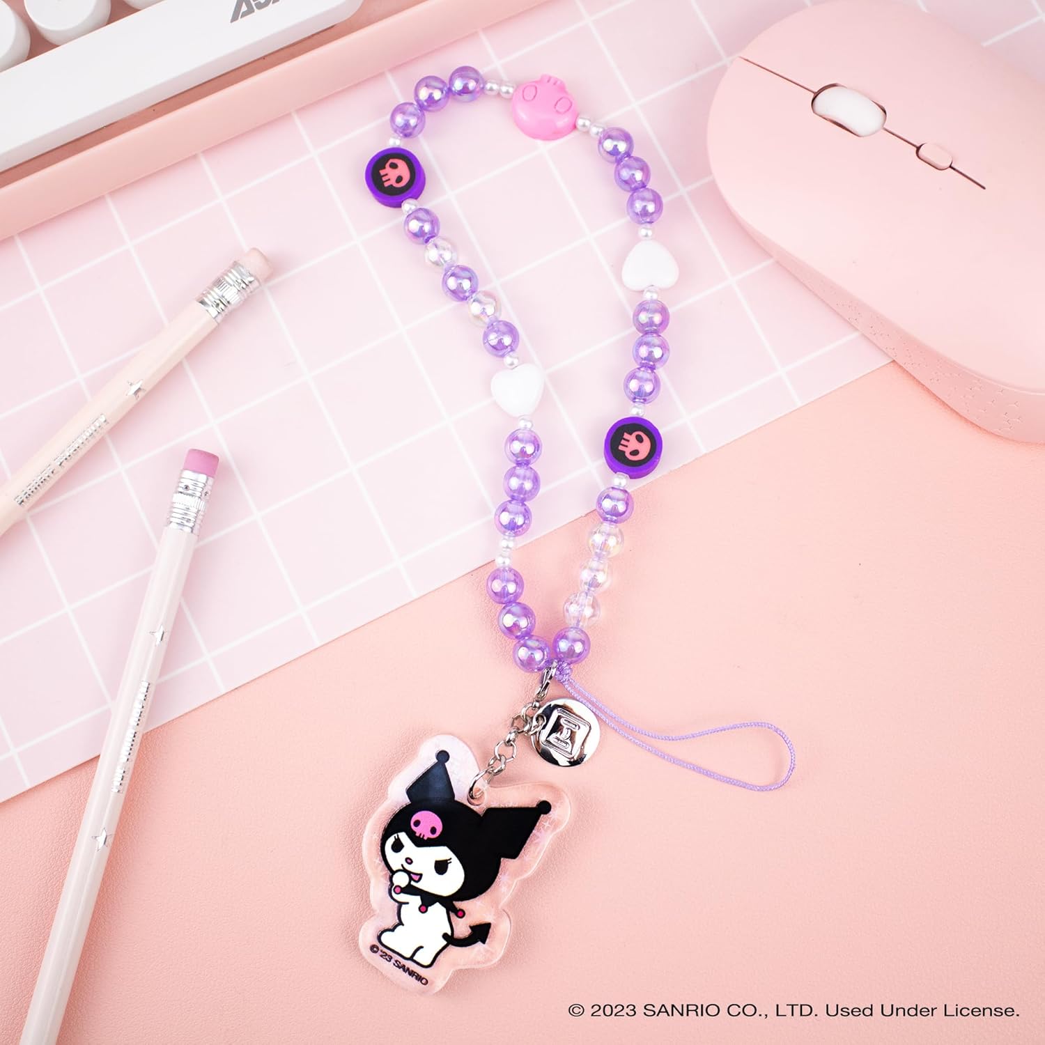 iFace Kuromi Beaded Charm Wrist Strap + AirPods 1/2 Clear Glitter Case