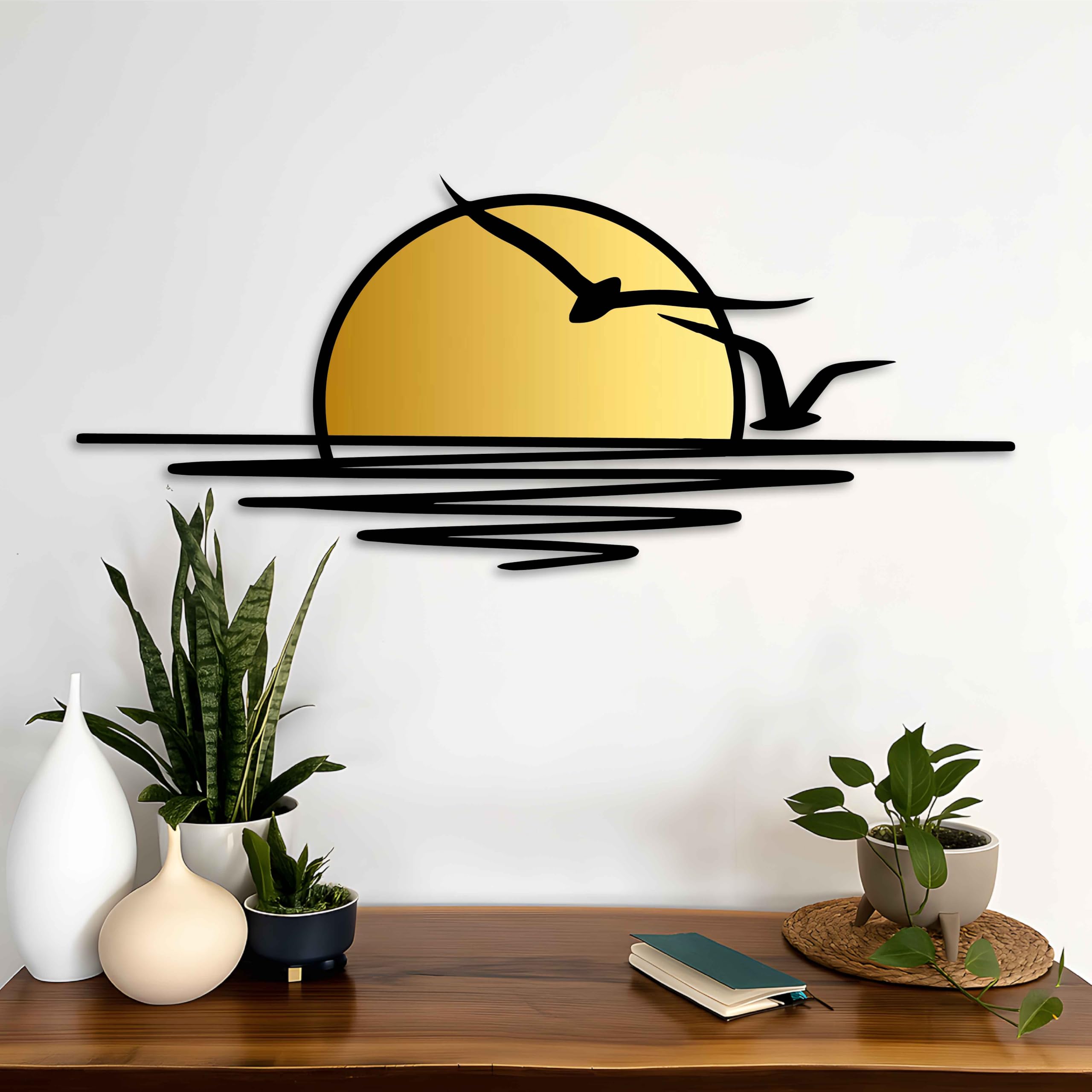 Decoración de pared de metal dorada con pájaros volando, decoración de pared extra grande con puesta de sol y gaviotas para patio, sala de estar o dormitorio, escultura de pared moderna de metal negro