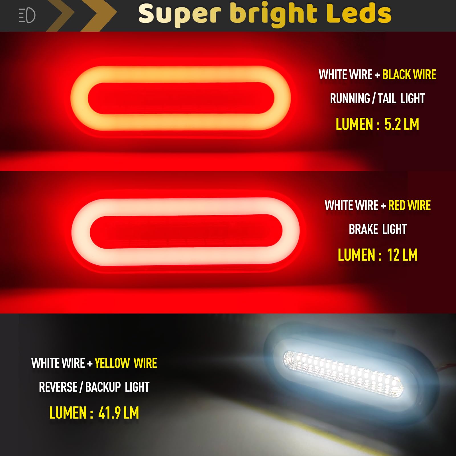 6 Oval LED Trailer Lights – 2 White, 2 Red Stop/Turn, 2 Backup – Flange Mount