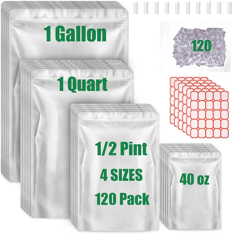 10.5 Mil 150 Mylar Bags for Food Storage with Oxygen Absorbers 500cc & 300cc, Mylar Bags 1 Gallon, 1 Quart, 1/2 Pint, 40 Oz, Stand-Up Zipper Resealable Bags & Heat Sealable Food Storage Bags + Labels