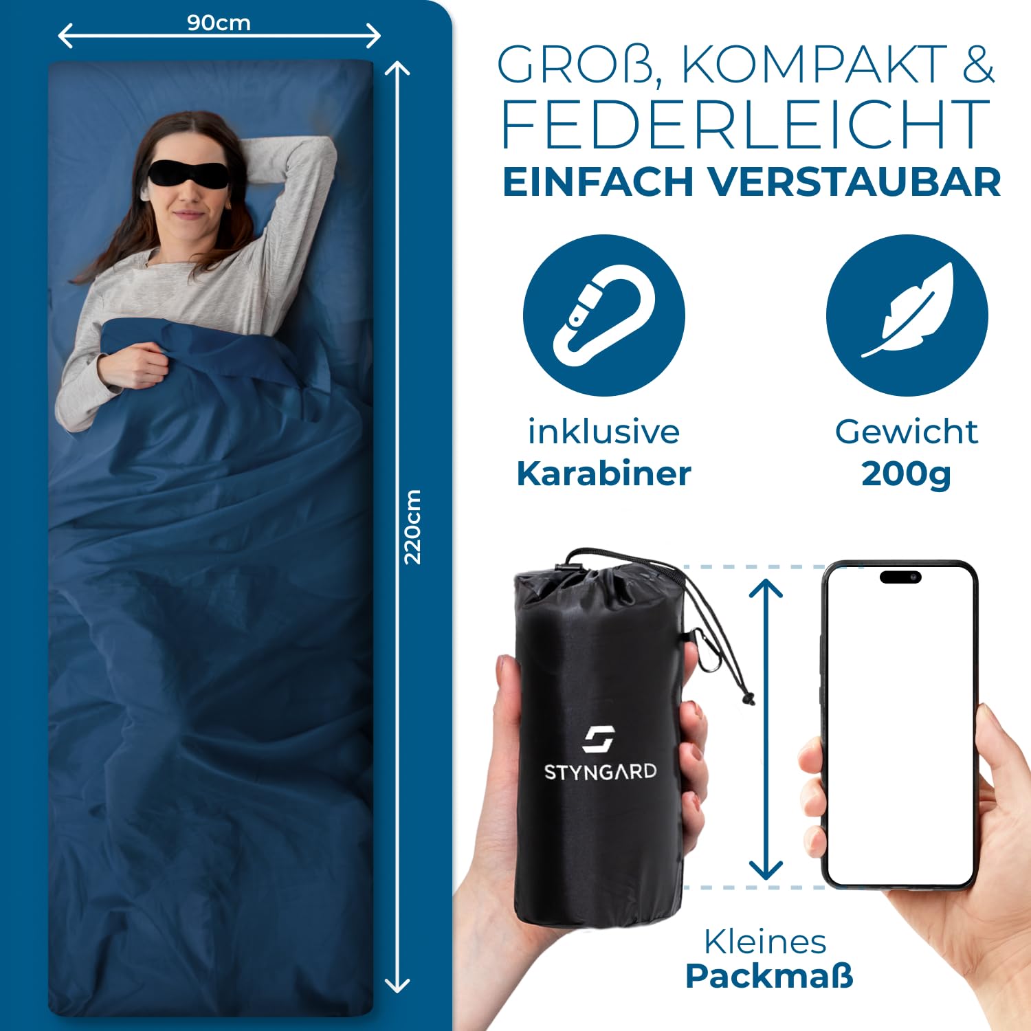 STYNGARD 2in1 Hüttenschlafsack Ultraleicht aus Mikrofaser [200g] - Ultraleichter Schlafsack kleines Packmaß - Dünner Schlafsack Inlett leicht & weich - Modell Hanoi