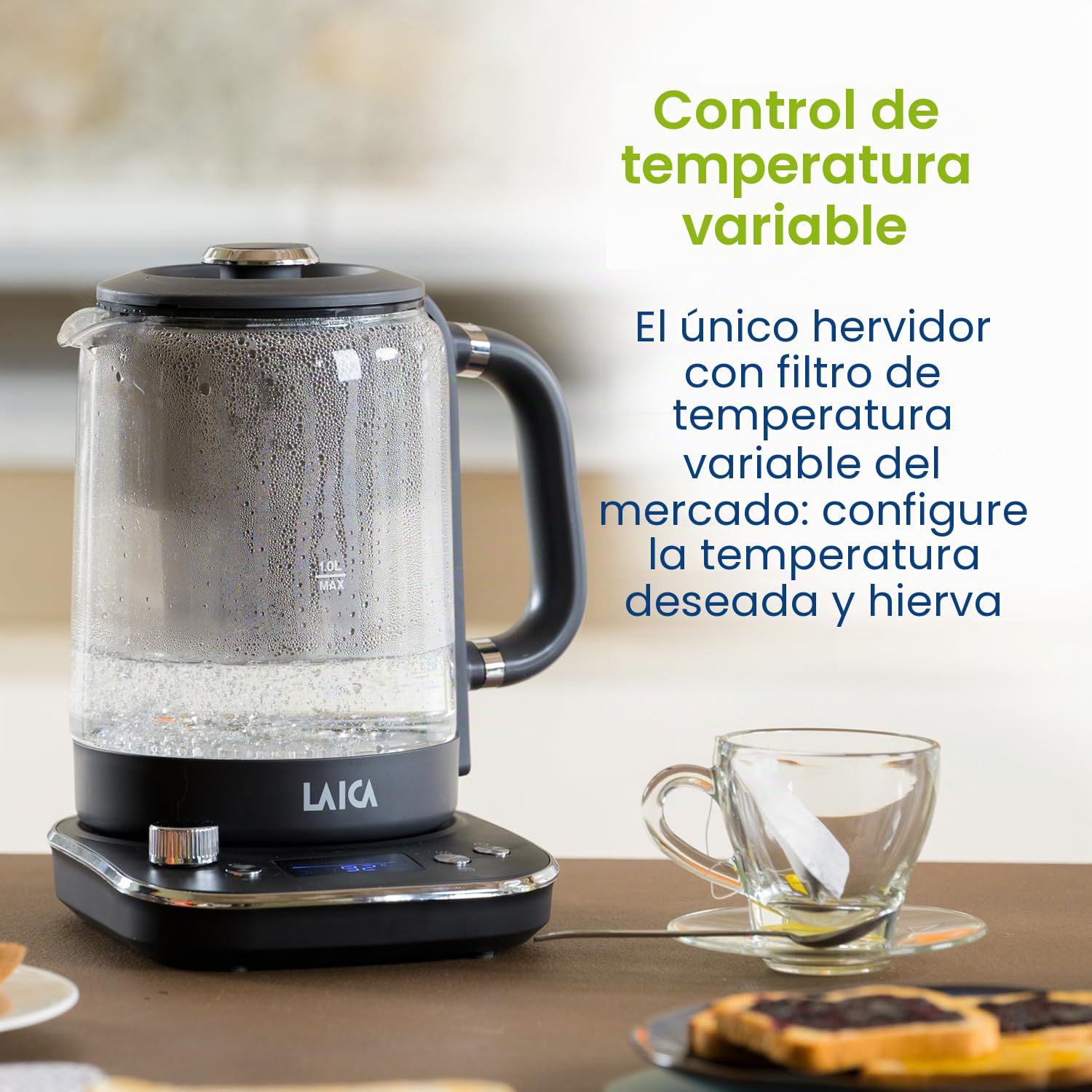 LAICA ISEO Hervidor de Agua con filtro de agua, capacidad 1.6L y 7 ajustes de temperatura, función caliente hasta 2 horas + 1 filtro Bi-flux® para té y café, 2.5kw -vidrio