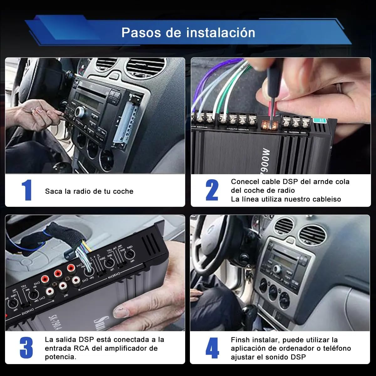 Four-step visual guide for installing the car audio amplifier, showing removal of car radio, connecting DSP cable, connecting RCA output, and adjusting sound via app.