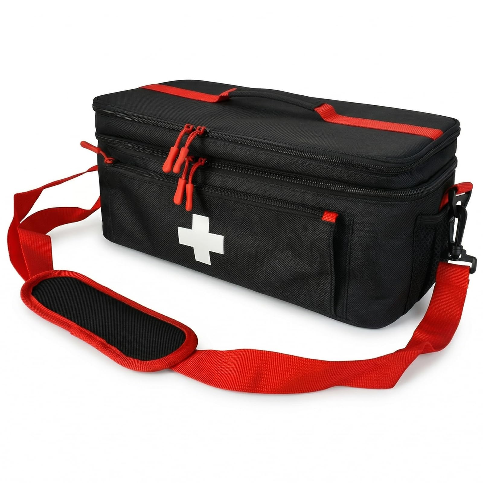 Naapesi Portable First Aid Bag, Large Capacity Medicine Bag with Multiple Compartments, Empty Emergency Bag for School, Camping, Hiking and Home Care, Pill Bottle Organize, black/red, Portable — image 1