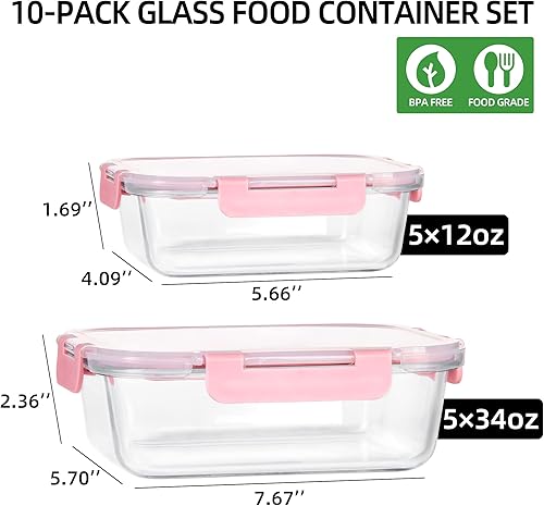 Miniatura 2 de UMEIED Paquete de 10 recipientes de vidrio para almacenamiento de alimentos con tapas a prueba de fugas, juego de recipientes de vidrio herméticos