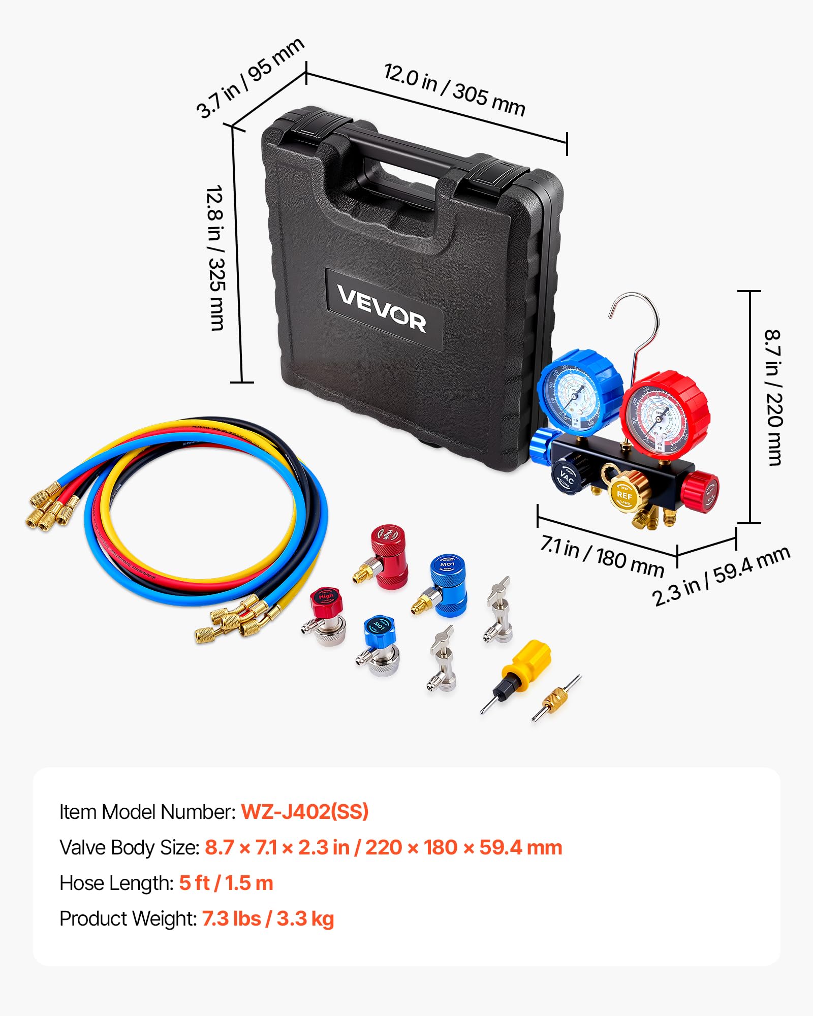 VEVOR Kit Manometro Ricarica del Refrigerante per Aria Condizionata Auto con Custodia Portatile, Manometro Indicatore a 4 Vie per Sistema Aria Condizionata per Auto Casa R134a R404A R1234yf R22