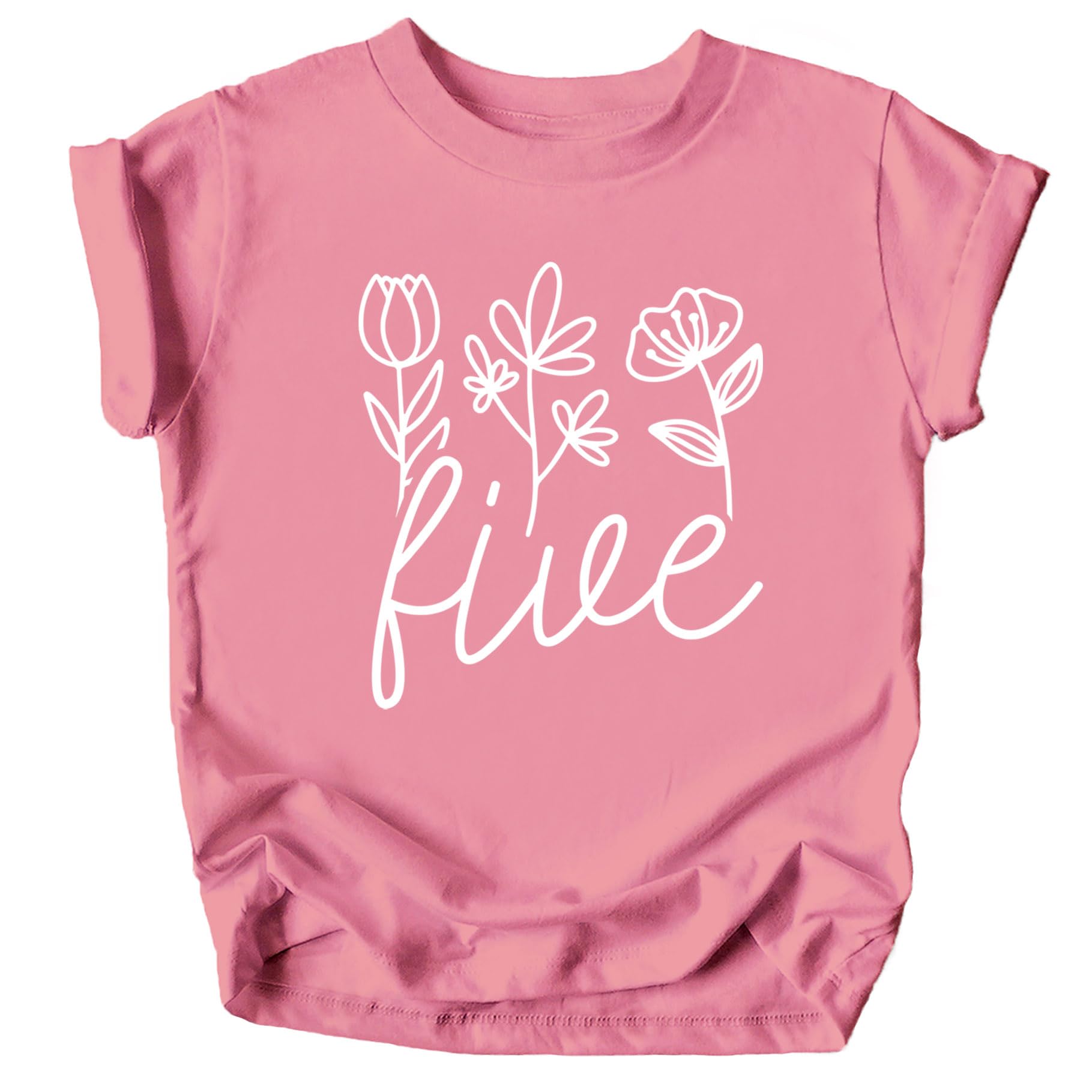 Five Floral 5th Birthday Shirt for Toddler Girls Fifth Birthday Outfit White on Mauve Shirt 4T