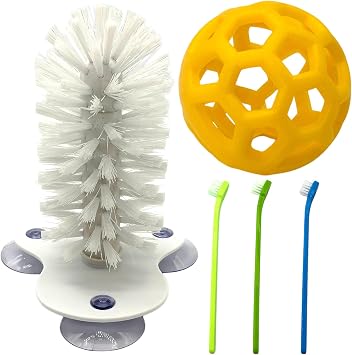 Turtle Brush with Feeder Ball and 3 PCS Small Brushes, Non-Slip Turtle Cleaning Brush with Three Strong Suction Cups, Soft Bristles Turtle Brush Wont Damage Shells