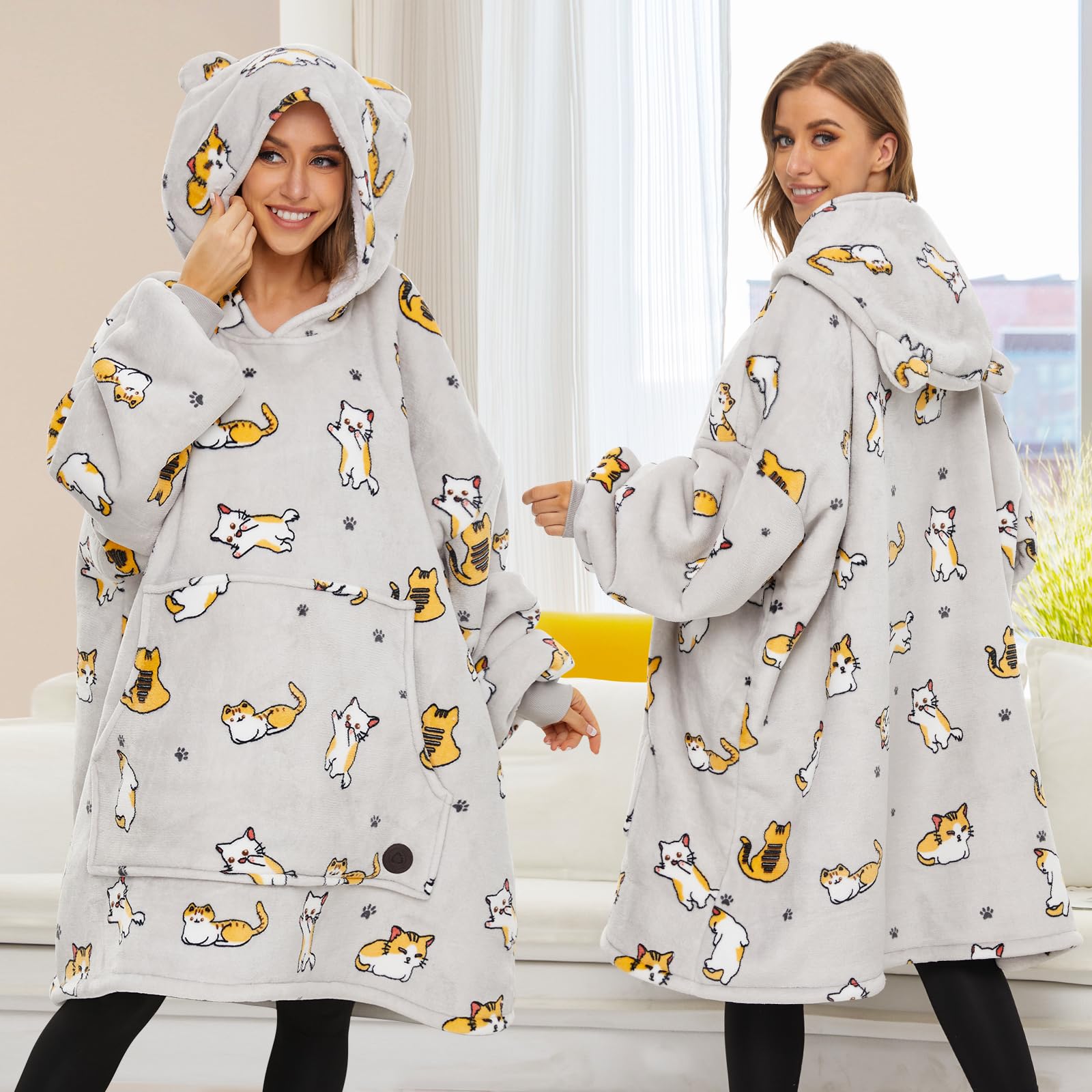 THREE POODLE Sudadera Manta con Capucha, Oversize Bata Manta Polar Mujer para Niños, con Capucha Ultra Suave y Cálida, Sudadera para Mujer, Hombre y Niño, Regalo - Size A, Cat