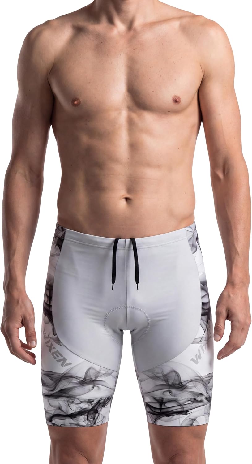WIXEN Men’s Triathlon Shorts with Drawstring, Quick-Dry Padded Compression Shorts with Pockets for Swim Bike Run
