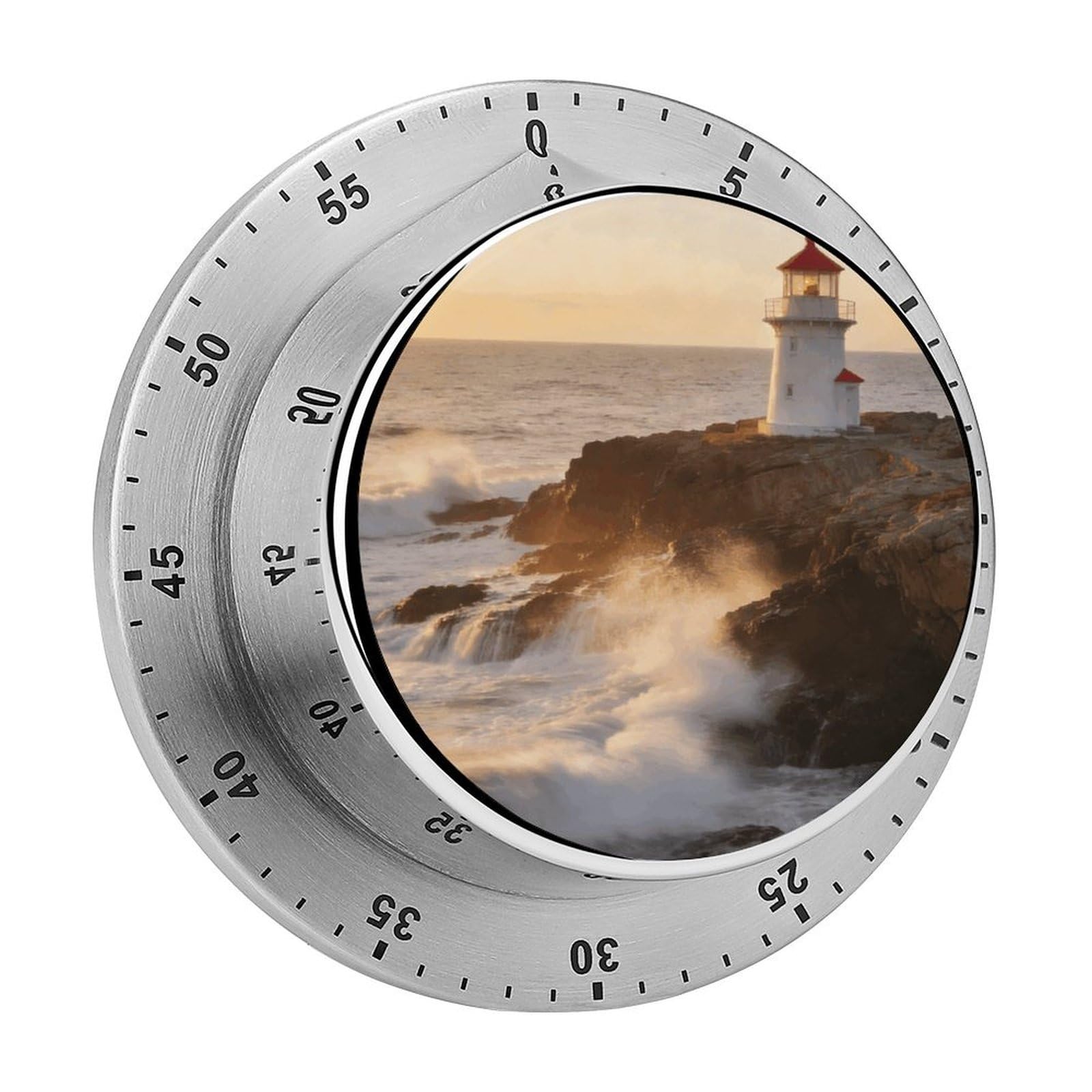 Lighthouse Waves Timer Exquisite Stainless Steel Body Desk Visual Timer with Loud Alarm 60-Minute Mechanical Countdown Timers Magnetic Backing Cooking Kitchen Timers for Work
