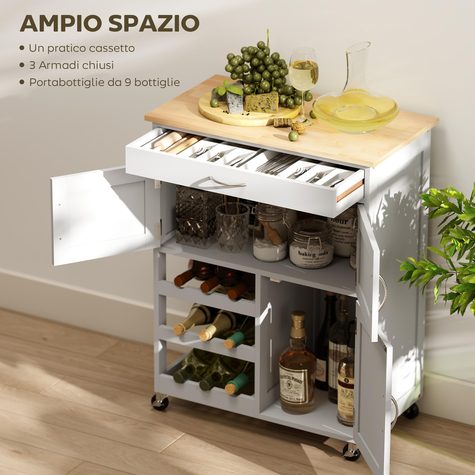 HOMCOM Carrello da Cucina con 9 Portabottiglie, 3 Ante, 4 Ruote e Cassetto, Mobiletto Cucina Salvaspazio con Piano in Legno di Gomma, per Soggiorno, 67x37x87 cm, Bianco e Rovere