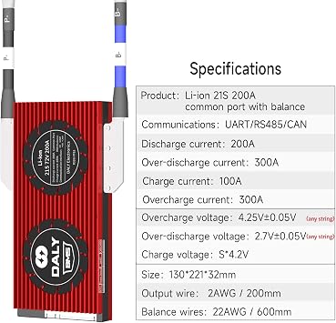DALY SMART BMS Li-ion 21S 72V 200A PCB Battery Management System with UART Communication CAN 485 Bluetooth Battery Monitoring Module for Lithium Battery Pack Rated 3.7V