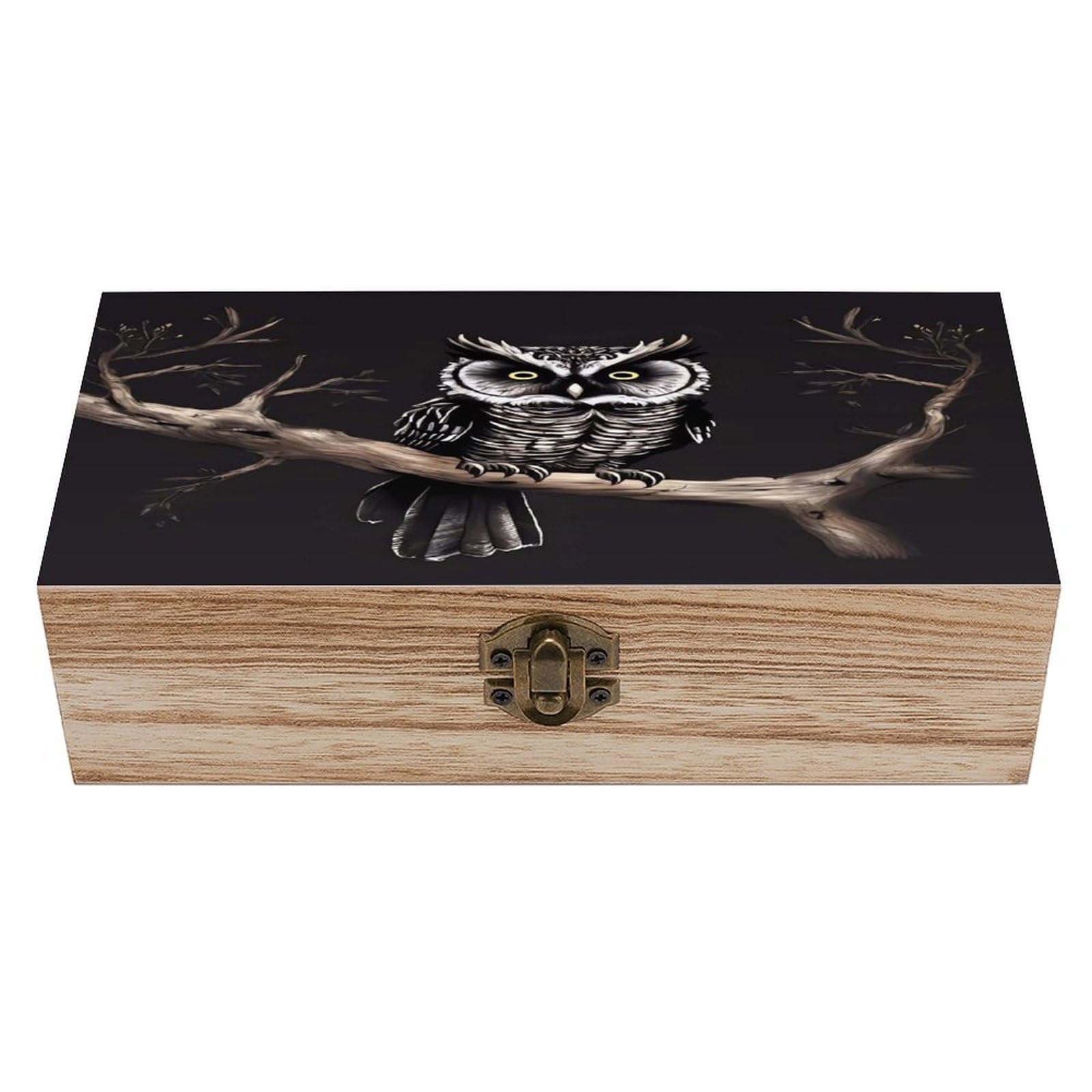 VstaDank Late Night Owl Wooden Storage Box with Hinged Lid Natural Wooden Box Beautifully Keepsake Boxes Vintage Wood Boxes Jewelry Organizer Trinket Storage Chest Unique Gift