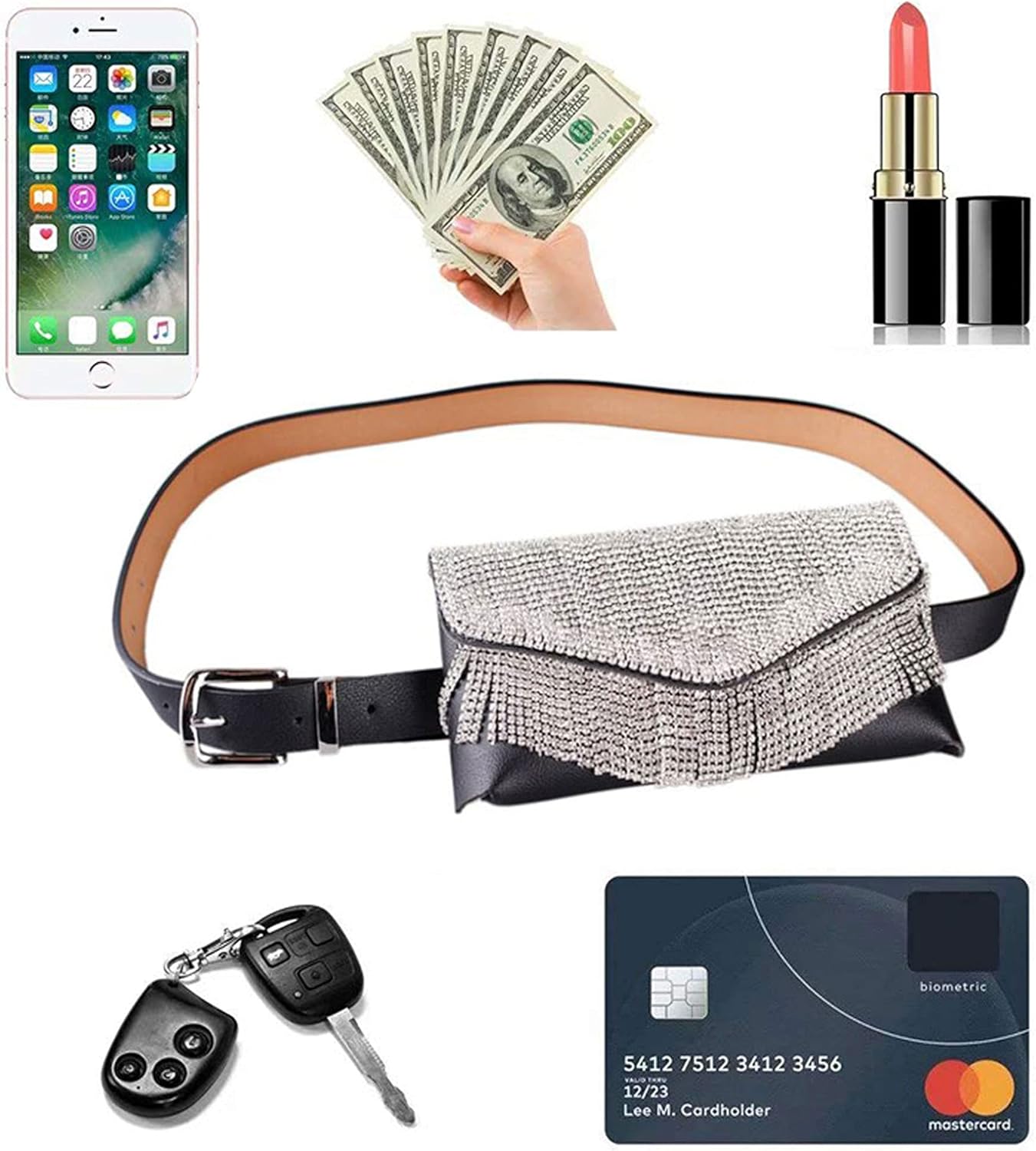 Women Mini Rhinestone Envelope Flap PU Leather Fanny Pack Waist Bag Clutch Cell Phone Pouch Purse - Image 6