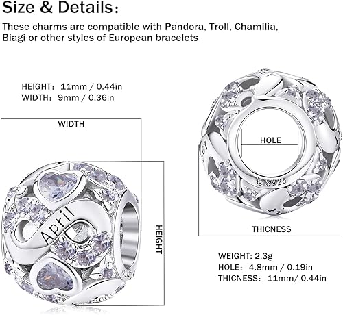 Miniatura 3 de Dije de piedra natal de plata de ley 925 con dije de corazón infinito para pulseras y collares europeos con circonita cúbica 5A, regalo de