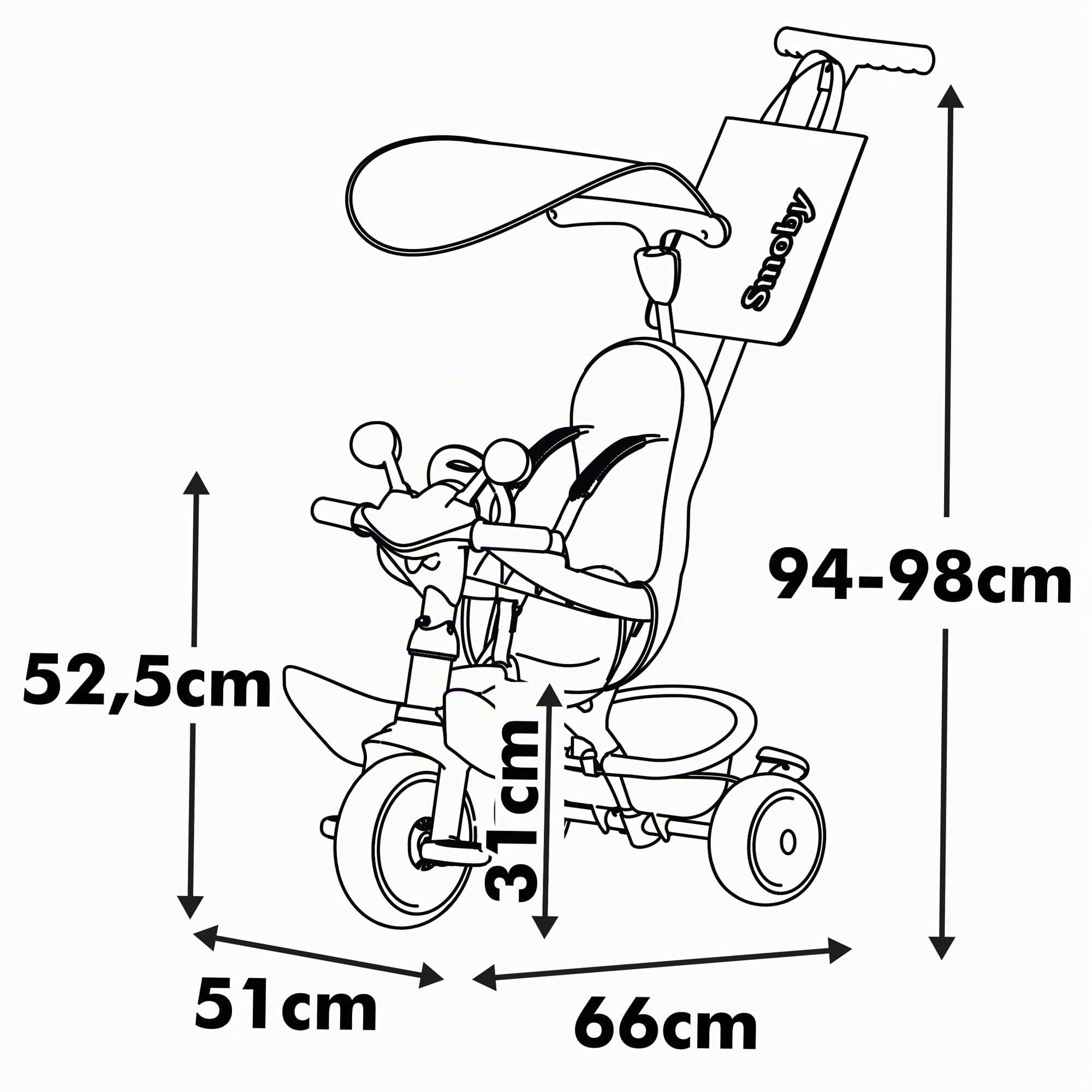 Smoby - Triciclo Baby Driver Rosa - 3 in 1 Evolutivo - Maniglione Parentale Regolabile a 3 Altezze - Freno di Stazionamento, Poggiapiedi, Parasole Anti-UV - Dai 10 Mesi ai 3 Anni - Prodotto in Spagna