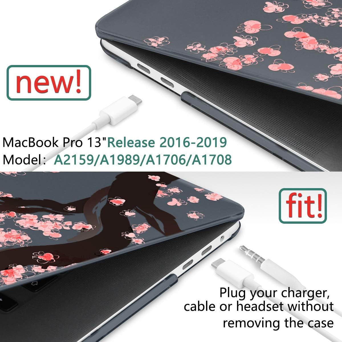 Exclusive Special Dongke Case MacBook Pro 13 with Black Keyboard Cover Crystal Hard Sleeve for 13 inch MacBook Pro with/without Touch Bar Model:A1989/A1706/A1708 (2018 2017 & 2016) (Cherry blossoms)