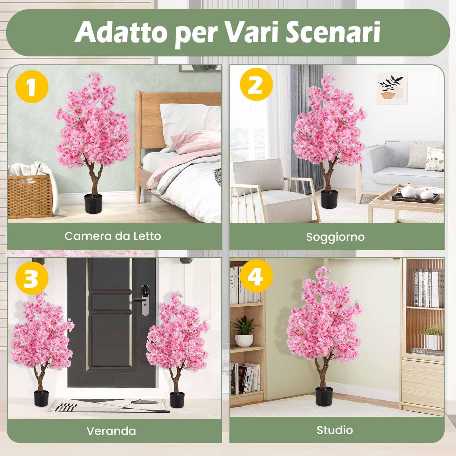 COSTWAY Albero di Ciliegio Artificiale da 118 cm con Fiori Rosa, Tronco PE Multiramo e Base Riempita di Cemento, Pianta Finta da Interno ed Esterno in Vaso per Ufficio, Casa, Matrimonio