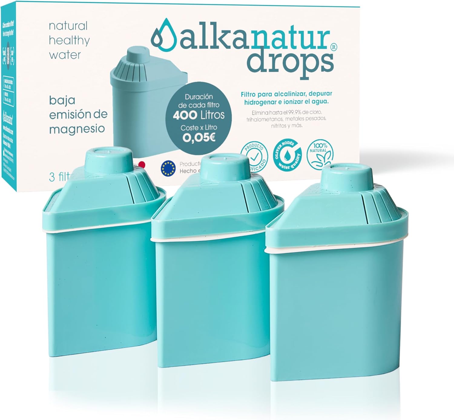 Alkanatur Pack of 3 Low Emission Water Filters – Hydrogen Ionizes – Removes Chlorine Heavy Metals Adds Magnesium pH 9 – Toxic Free Cartridges