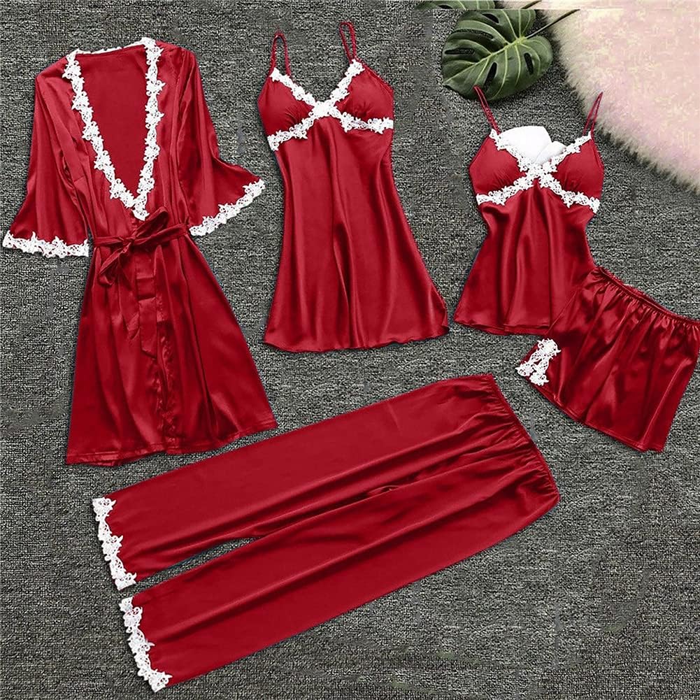 Spring Nightgowns 5-piece Women Sexy Garter Lingerie Set Robes Lace Bodysuit Deep-v Neck Underwear New