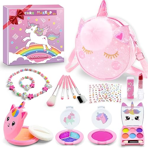 Kit de maquillaje real para niñas, juego de maquillaje con bolsa de cosméticos de unicornio, no tóxico, lavable, perfecto cumpleaños, para niños