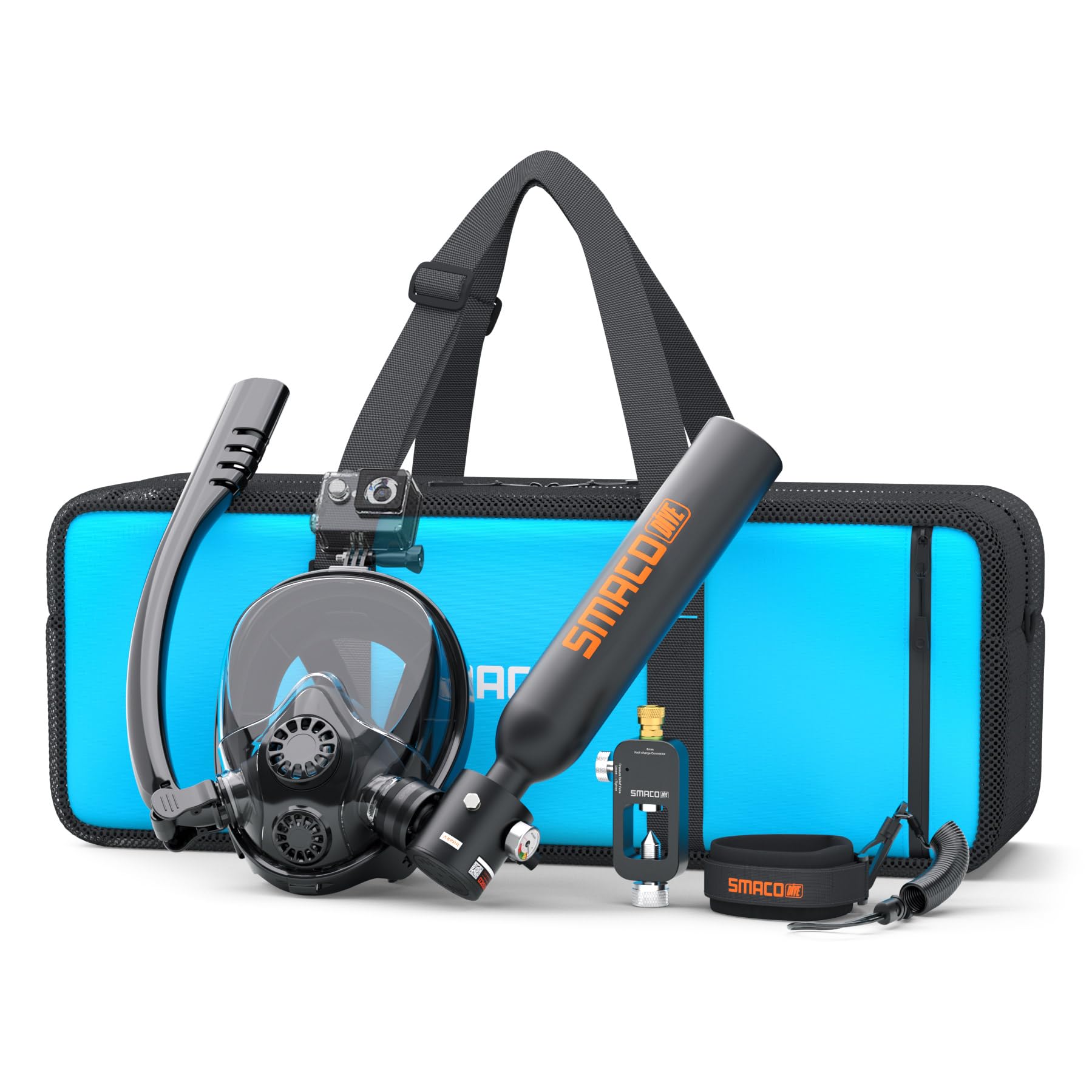 SMACO Mini Scuba Tank with Snorkel Mask 0.5L Portable Small Diving Tank with Full Face Diving Mask Reusable Pony Bottle Diving Cylinder Kit for Snorkeling Recreational Diving S300