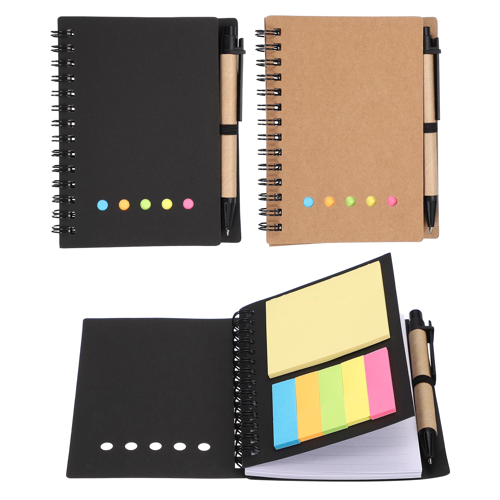 PATIKIL 2 Pack Spiral Notebooks with Sticky Notes Pen, 3.9x5.1 Small Pocket Notepads Lined Paper Notebook with Pen, 6 Colors Sticky Notes for Business Office, Black/Brown