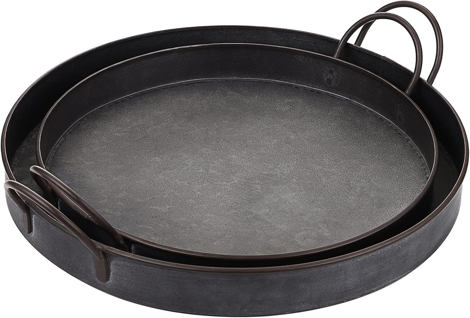Hipiwe Set of 2 Industrial Style Metal Iron Serving Tray with Handle, Rustic Galvanized Storage Tray Round Coffee Table Home Decor Centerpiece Tray, 13.6 inch and 12.2 inch - Image 8