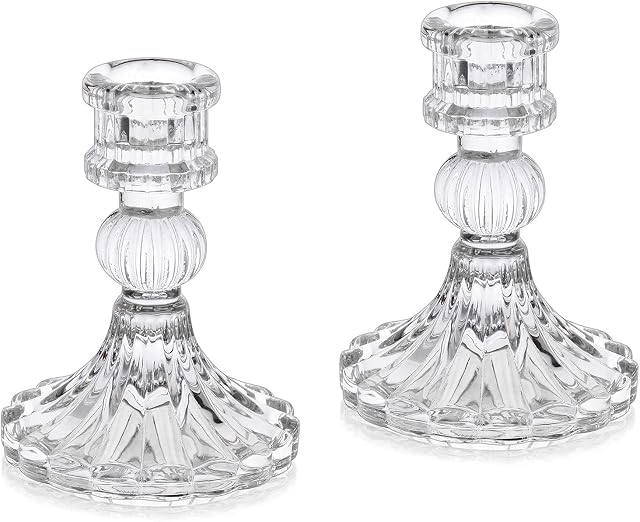 Sziqiqi Glass Candlestick Holders Set of 2, Clear Glass Taper Candle Holder, Elegant Crystal Candle Holders for Table Centrepieces for Dining Living Room Wedding Party