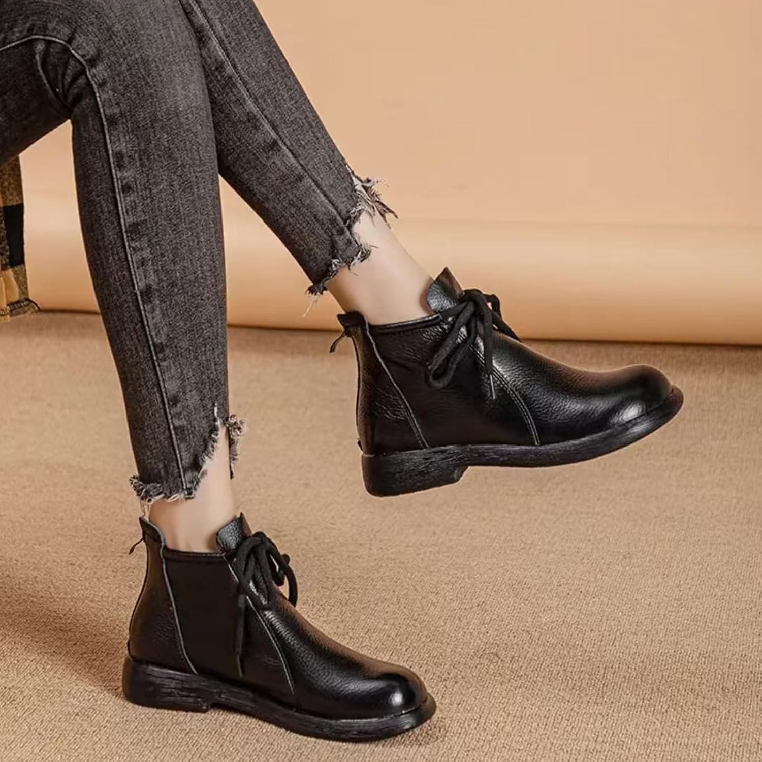 Women's Genuine Leather lace-up flat ankle boots Classic Round Toe Back zipper Soft Bottom Casual Booties Comfortable Vacation Office Anti Slip Leather Boots - Image 3