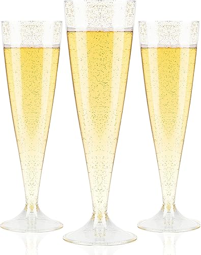 TOFLEN Copas de champán de plástico, 50 unidades de 4.5 onzas, copas de champán con tallo de purpurina dorada desechables, vasos de plástico