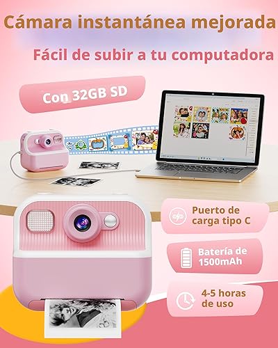 Miniatura 7 de Cámara instantánea digital portátil, cámara dual trasera y frontal de selfie para niños, con videos de 1080P, regalos de cumpleaños y festividades