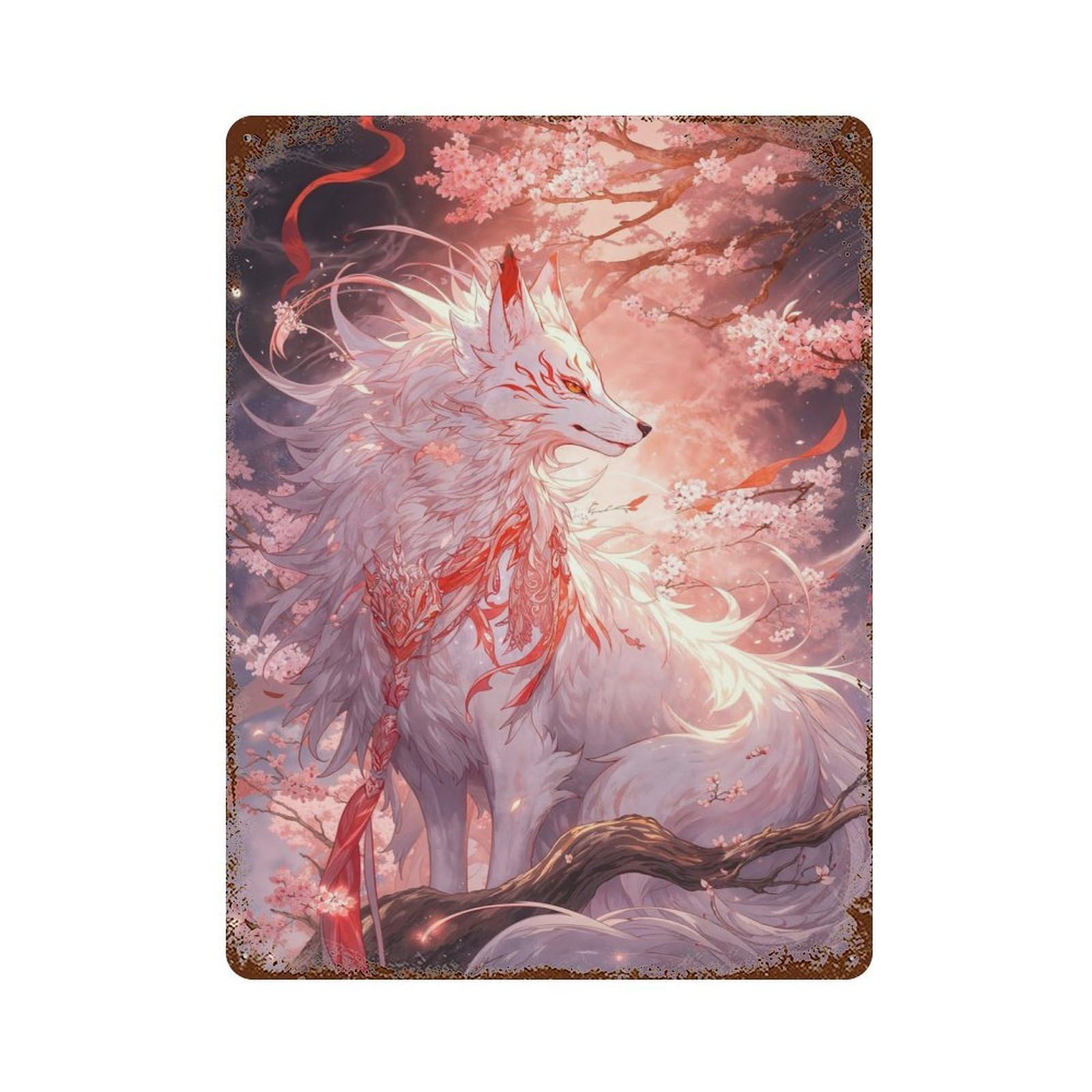 White Kitsune of Sakura 15.7"x11.8" Decorative Tin Sign, Classic Wall Plaque for Cafe, Home Bar And Lounge Decor