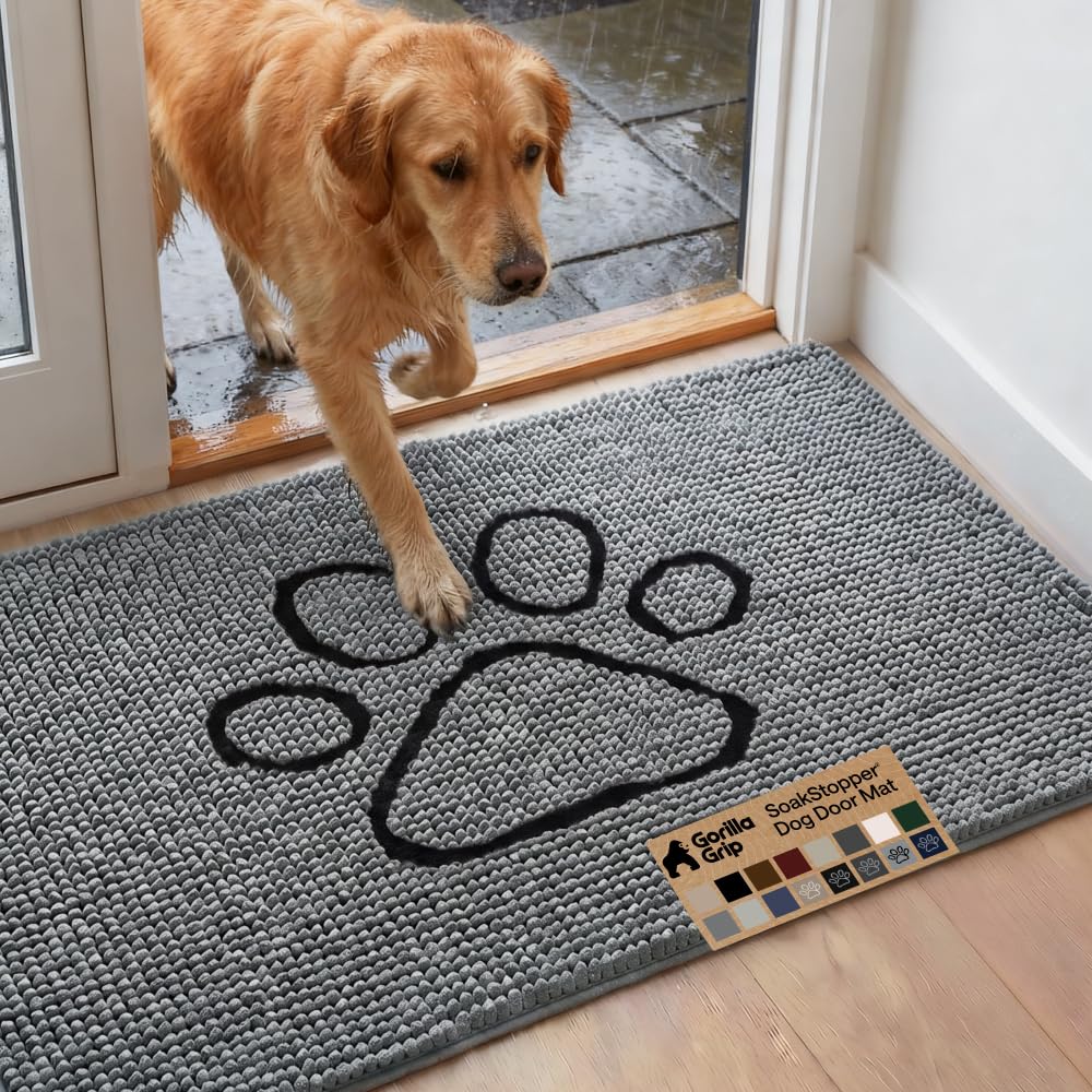 GORILLA GRIP SoakSTOPPER Dog Door Mat, Machine Wash and Dry, 48x30 Gray