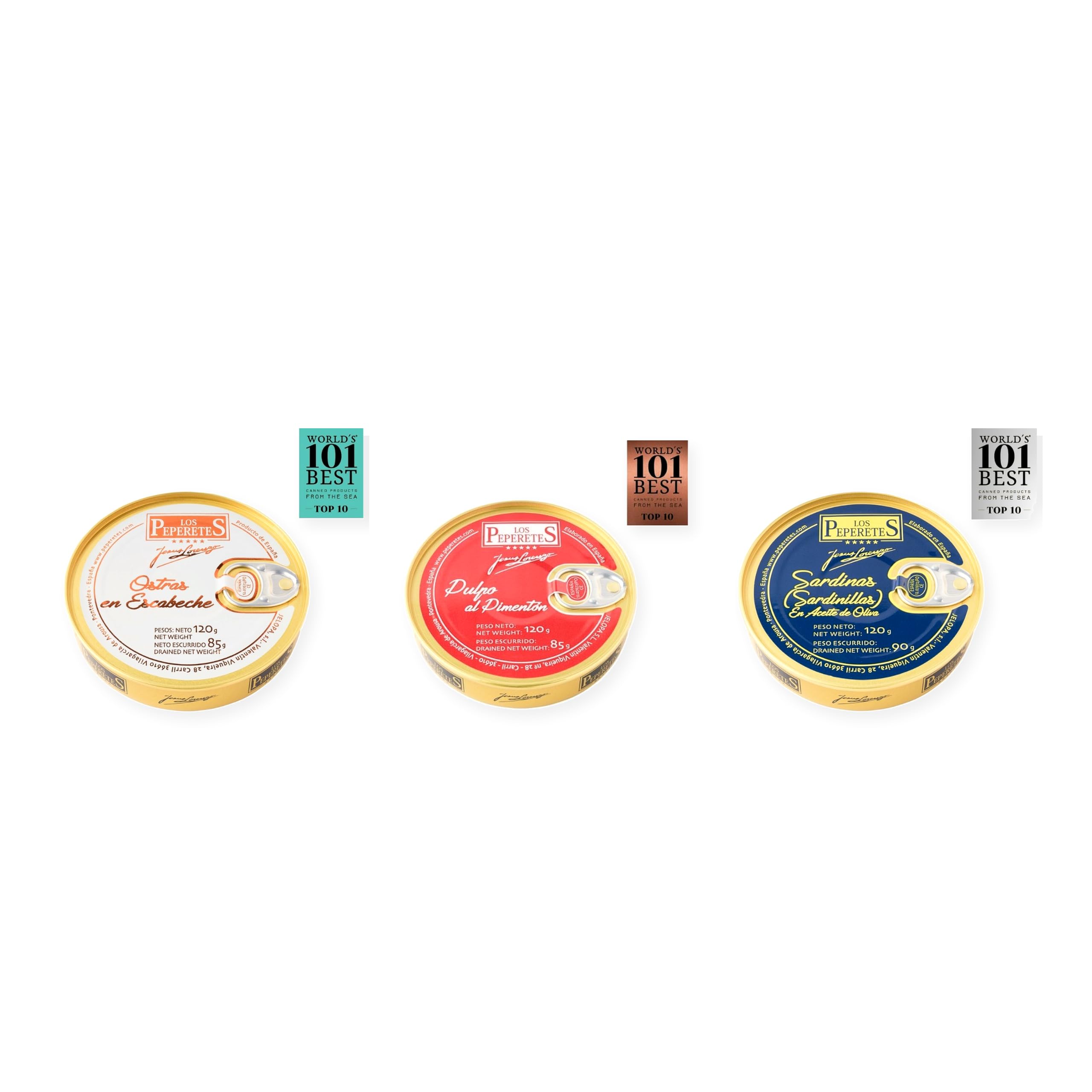 los peperetes conservas Ostras Escabeche, Pulpo Pimentón y Sardinillas Aceite Oliva pack 3 latas
